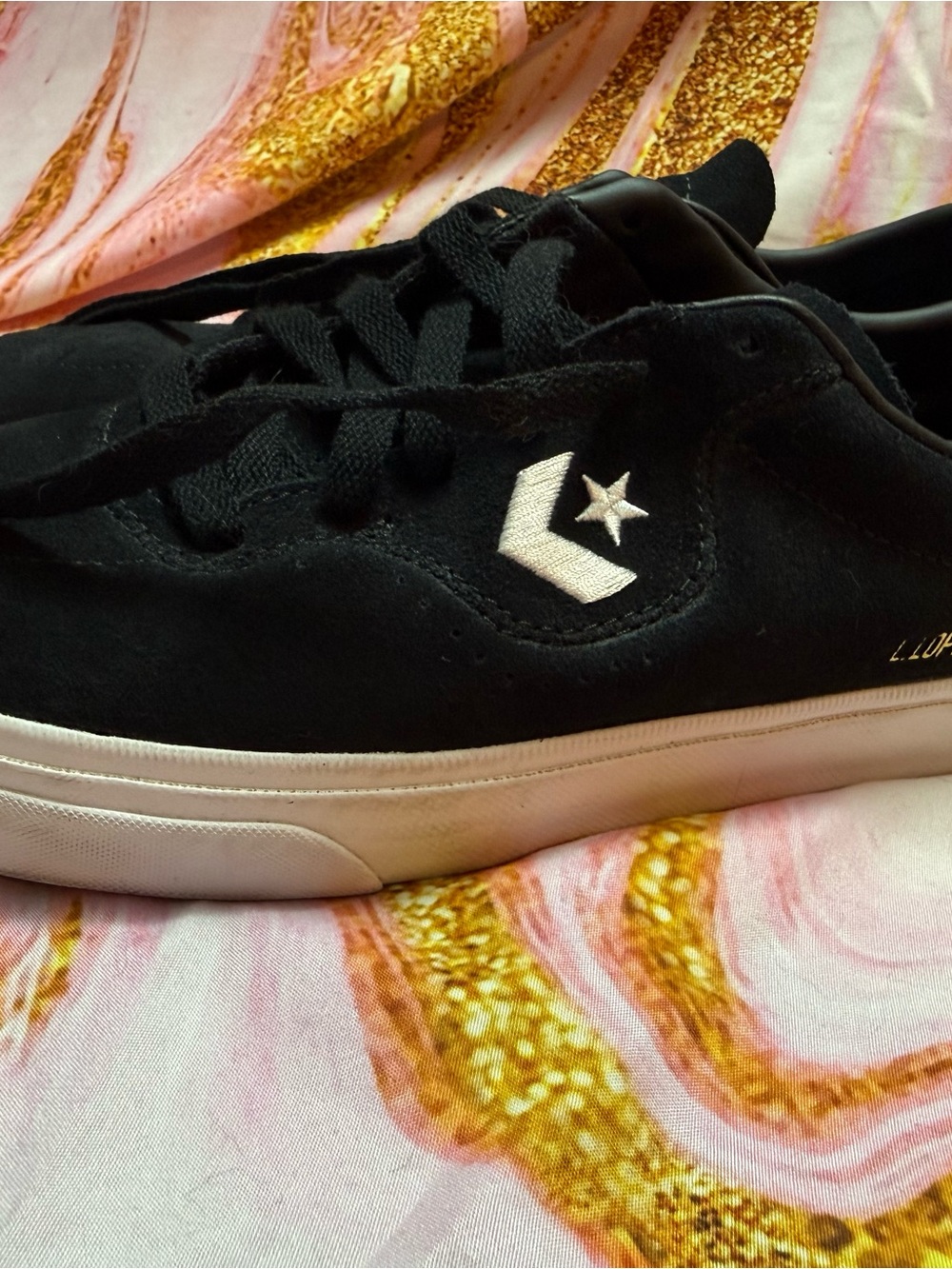 Converse Black Suede Low-Top with White Star and Yellow Name Detail